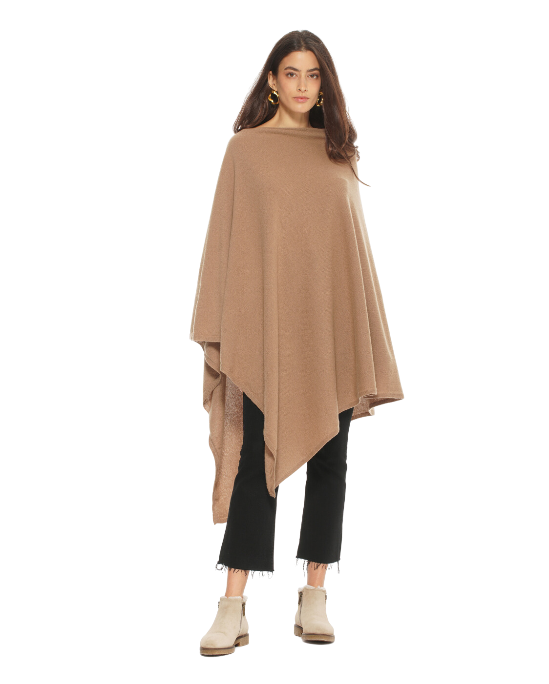 Monticelli Women's Long Pure Cashmere Poncho Made In Italy Camel 4