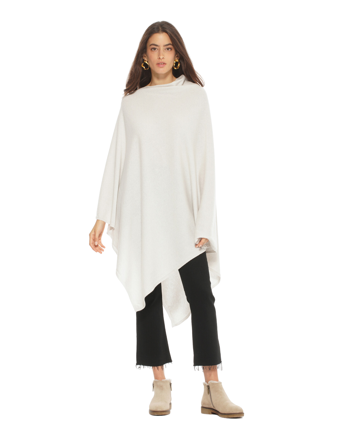 Monticelli Women's Long Pure Cashmere Poncho Made In Italy Off White 4
