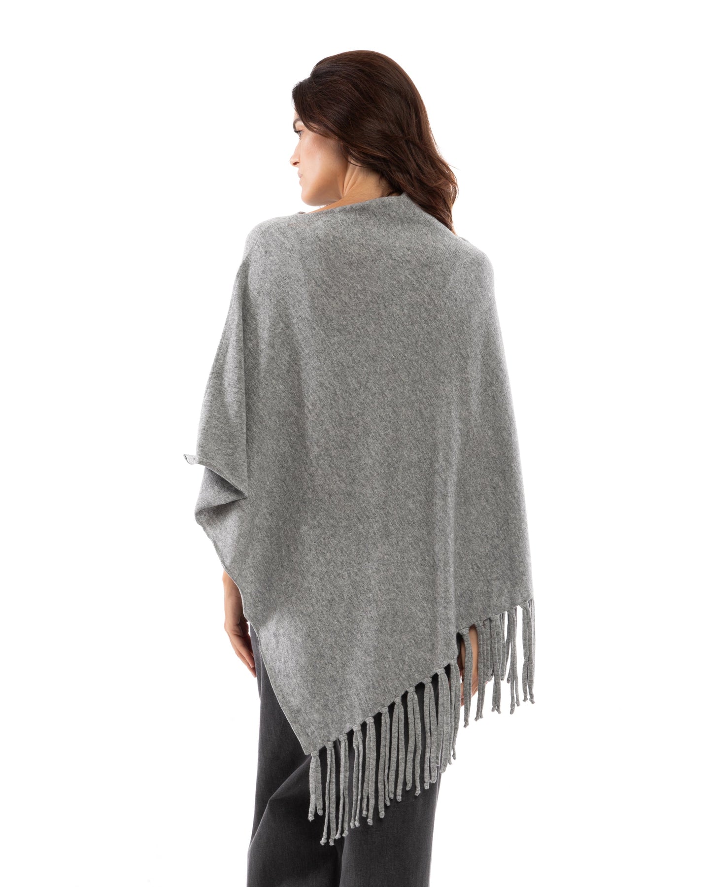 Poncho Fringes Asymmetrical Pure Cashmere Made in Italy Melange Gray 7