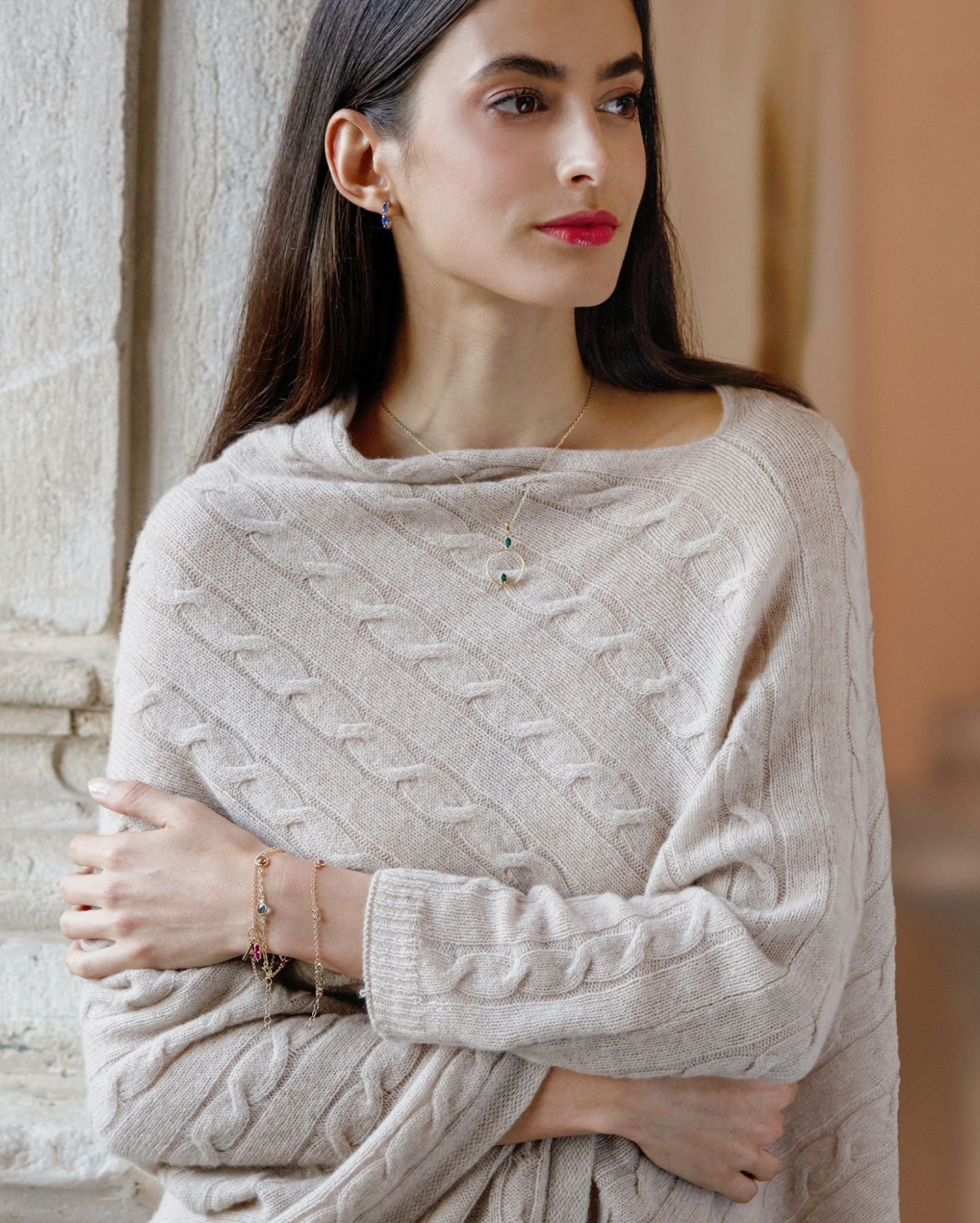 Monticelli Pure Cashmere Cable Knit Poncho Beige Made In Italy 1