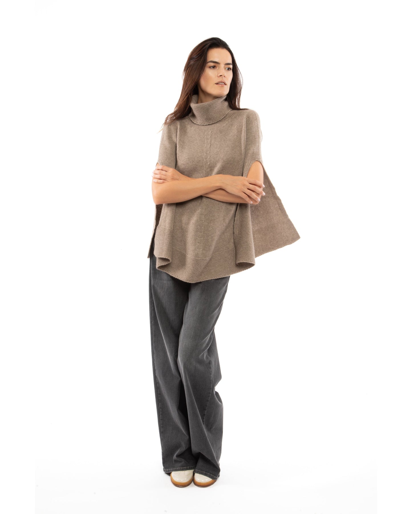 Turtle Neck Poncho Cashmere Taupe Made In Italy 5