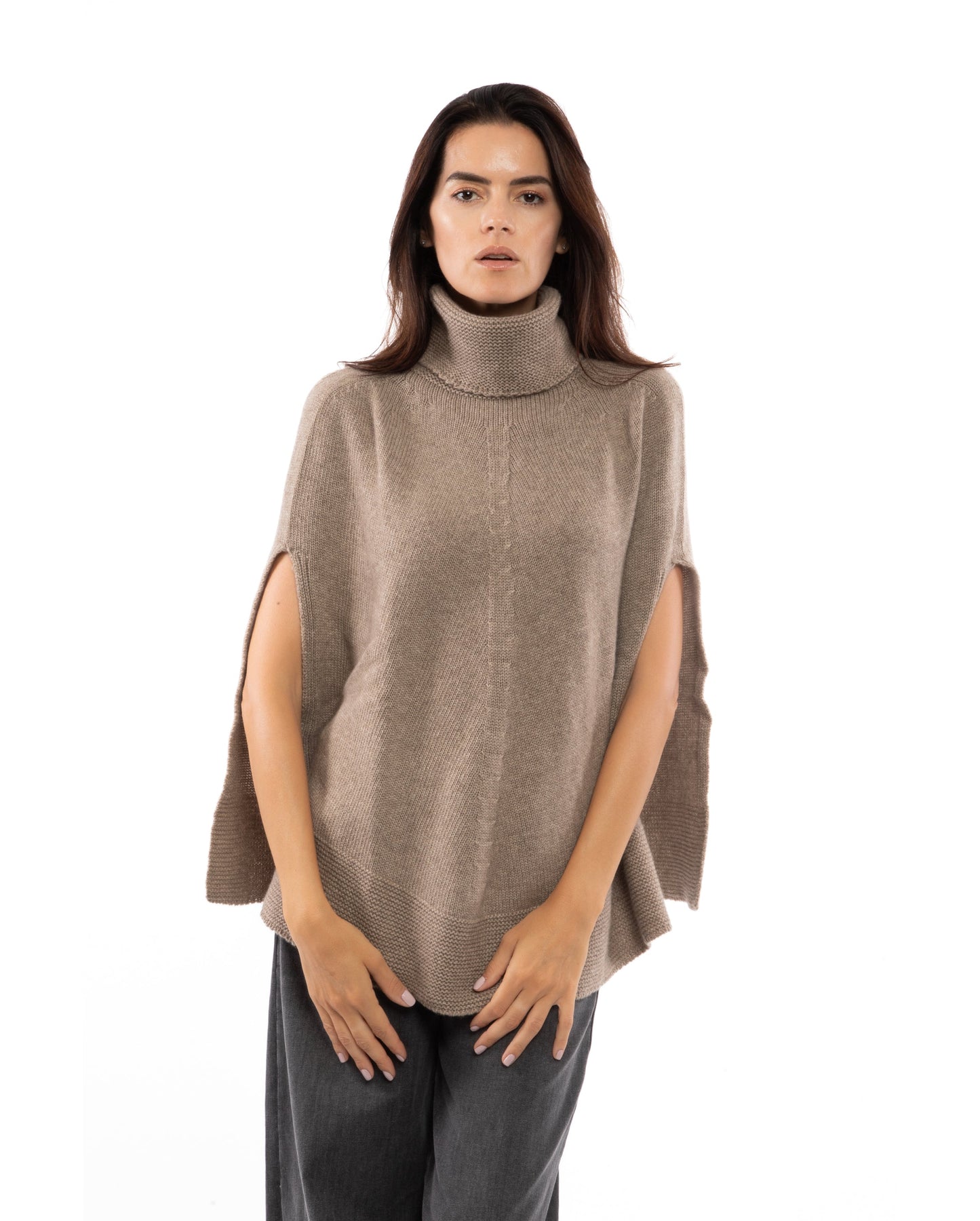 Turtle Neck Poncho Cashmere Taupe Made In Italy 3