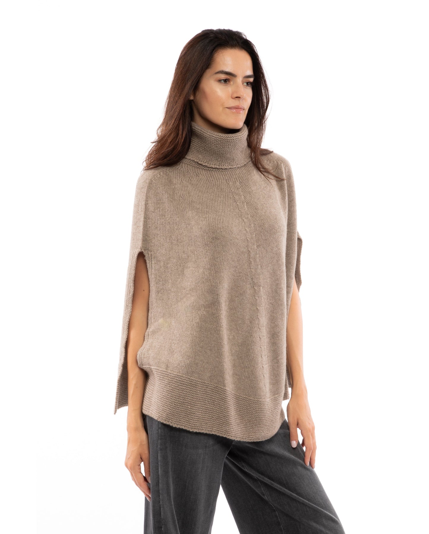 Turtle Neck Poncho Cashmere Taupe Made In Italy 6