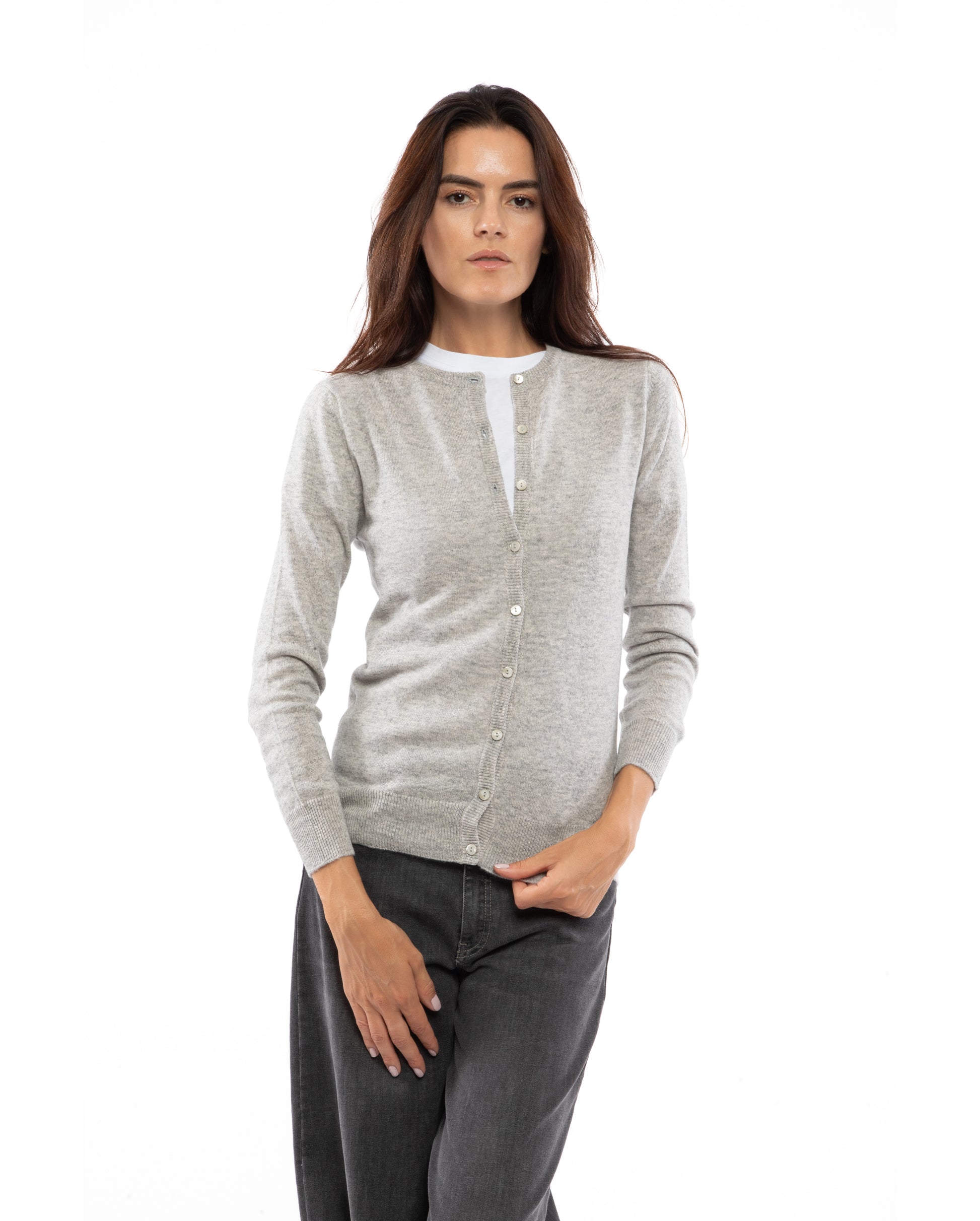Womens Cashmere Cardigan Crewneck Light Gray Made In Italy 1