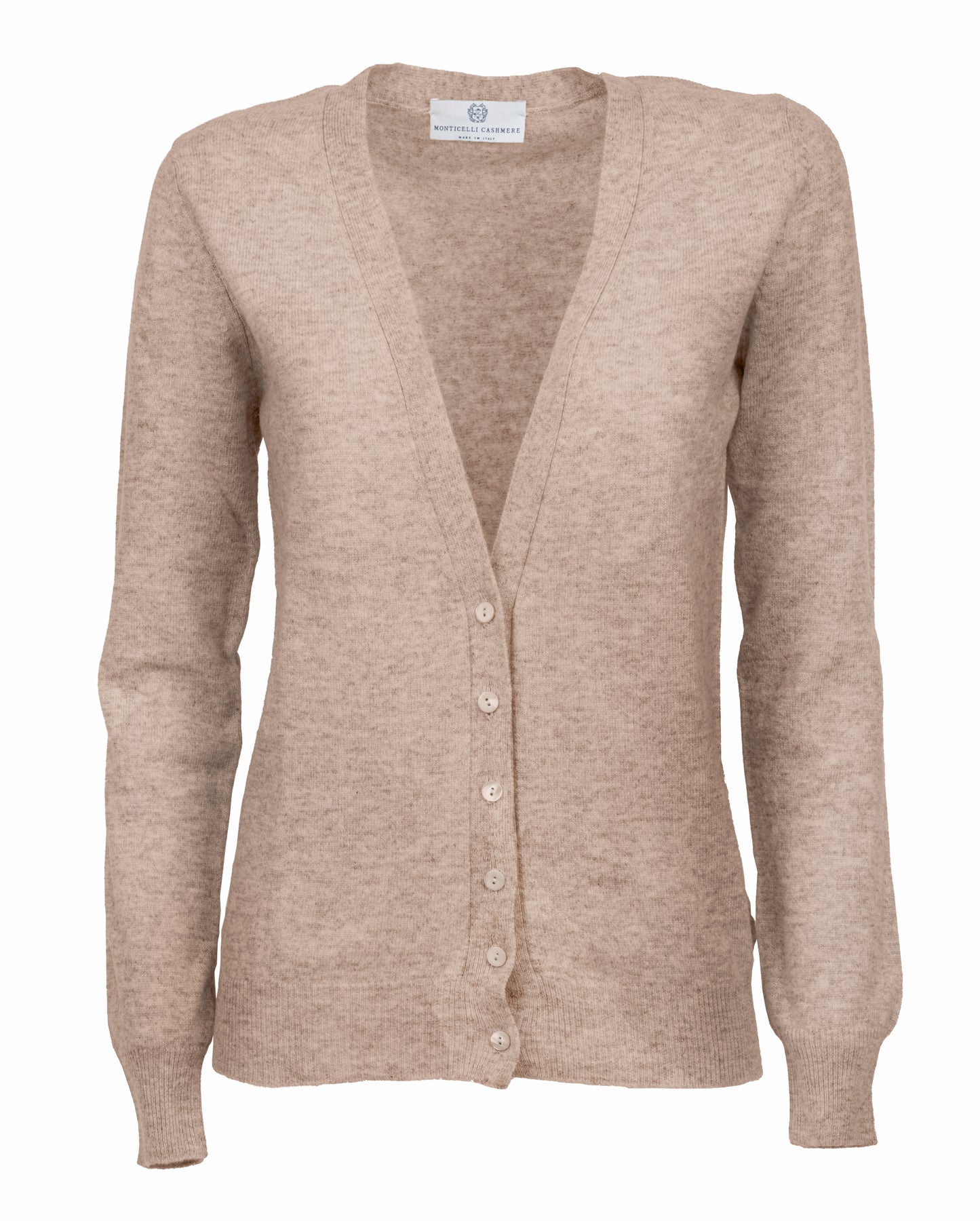 Womens Pure Cashmer Cardigan V-Neck Made In Italy Taupe 1