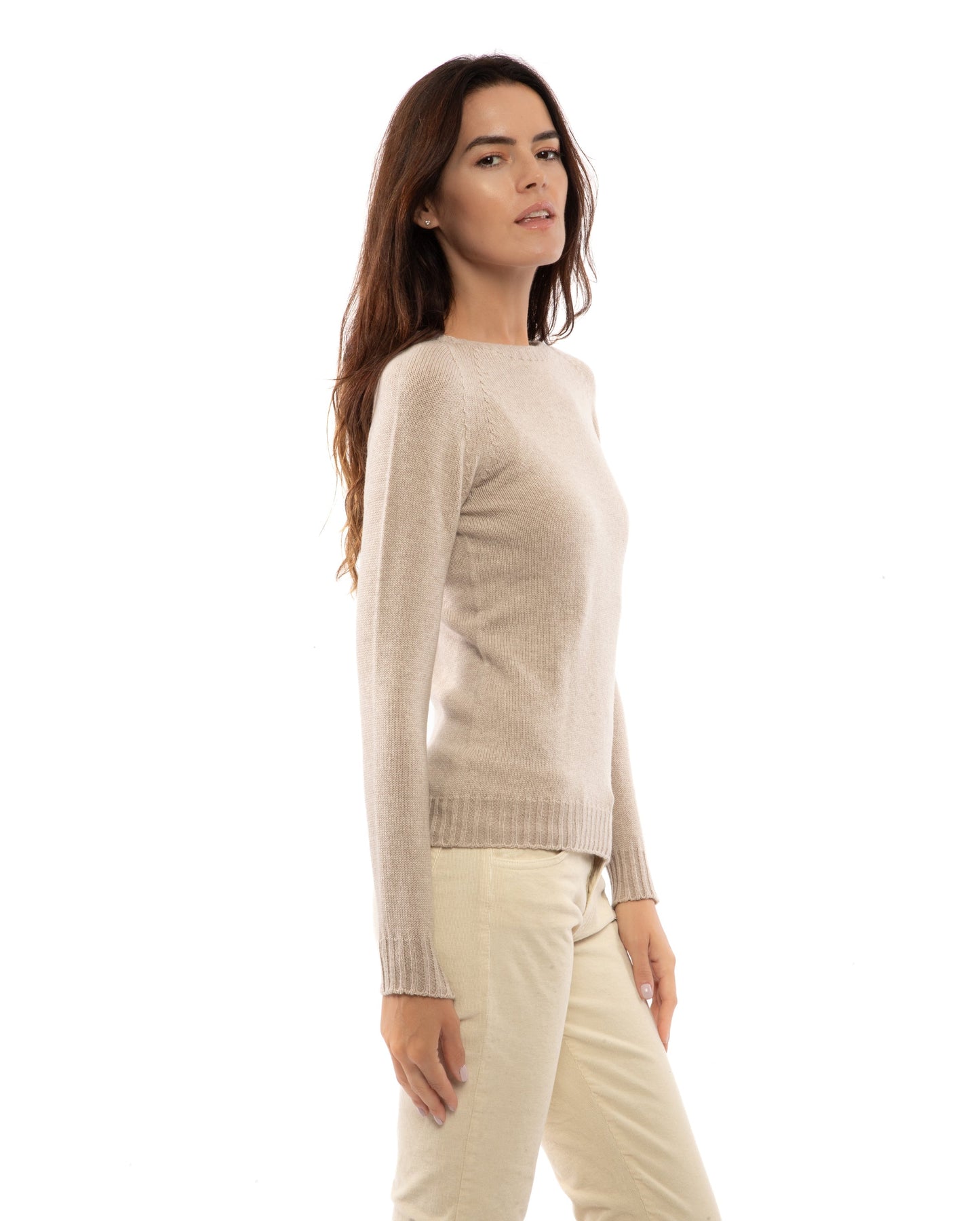 Womens Cashmere Crew Neck Sweater Raglan Sleeve Made In Italy Beige 6