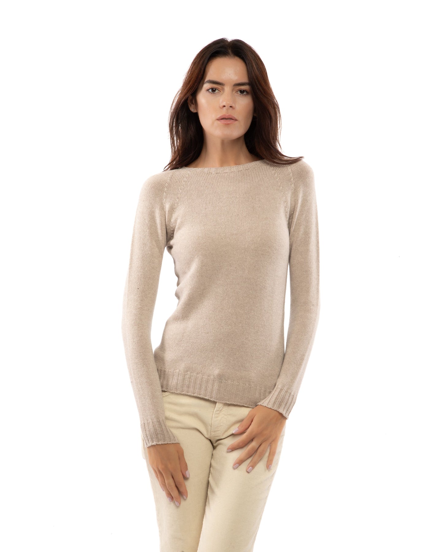Womens Cashmere Crew Neck Sweater Raglan Sleeve Made In Italy Beige 3