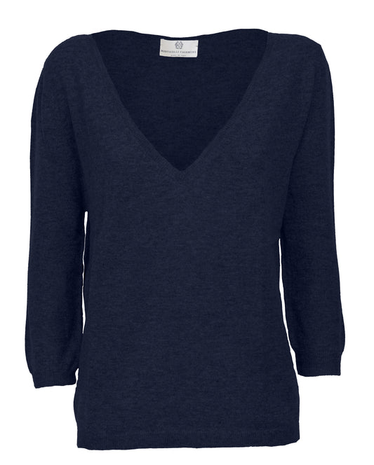 Womens Cashmere Deep V Neck Sweater Night Blue Made In Italy 1