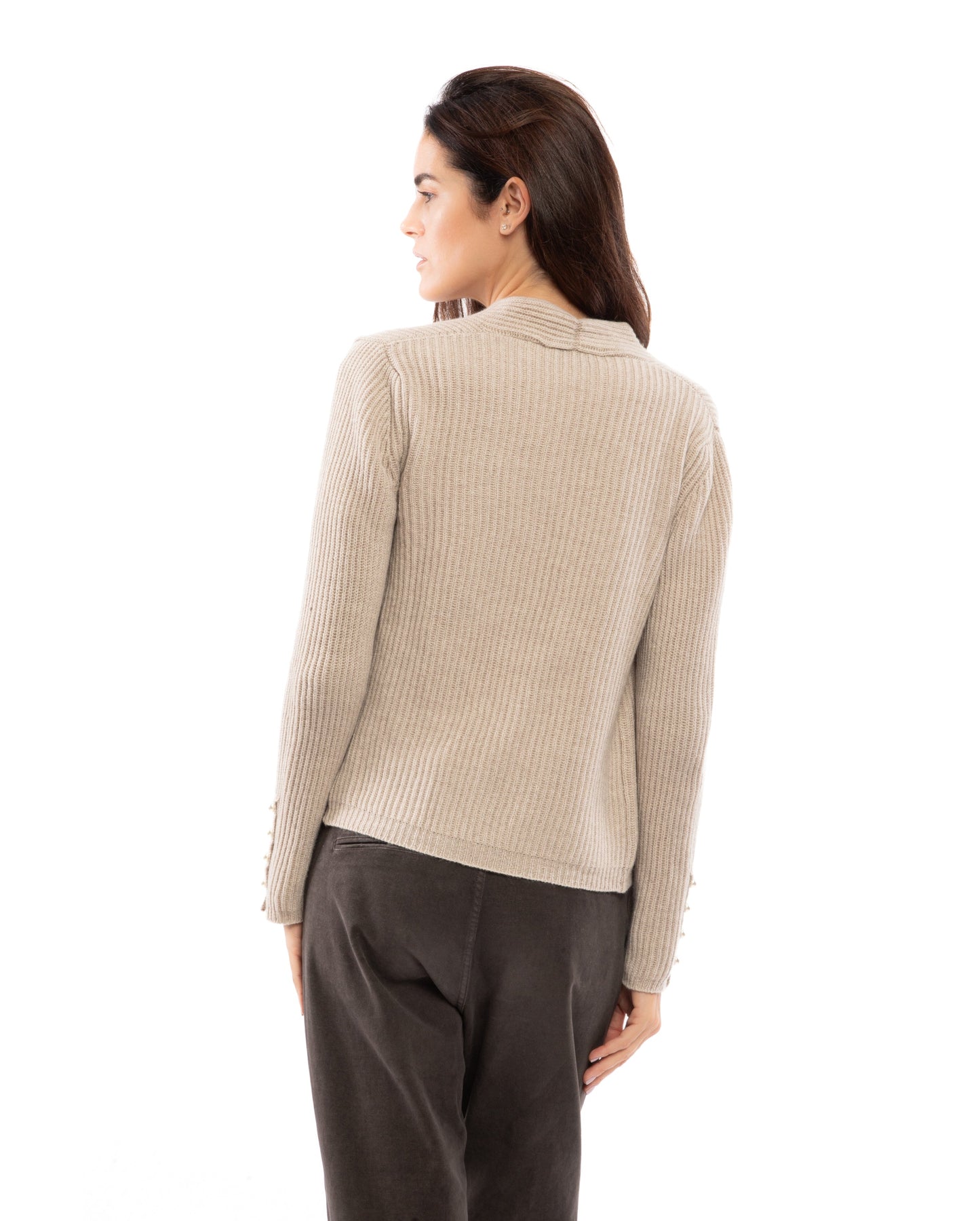 Monticelli Womens Cashmere Fisherman Rib Blazer Beige Made In Italy 5