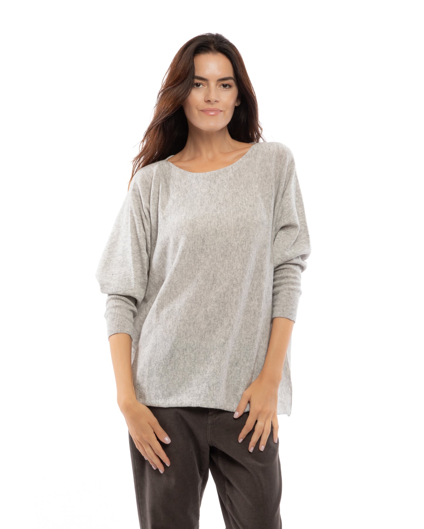 Womens Cashmere Maxi Horizontal Stitch Boat Neck Light Gray Made In Italy 1