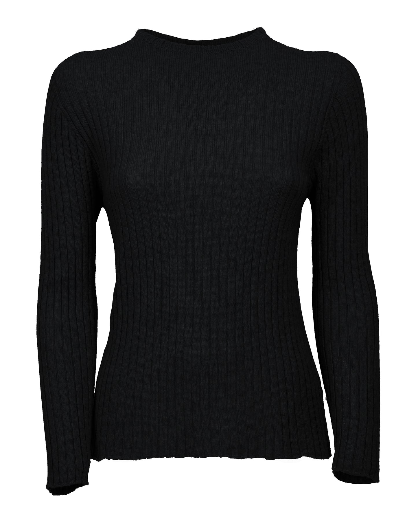 Womens Crew Neck Sweater Ribbed Knit Cashmere Black Made In Italy 1