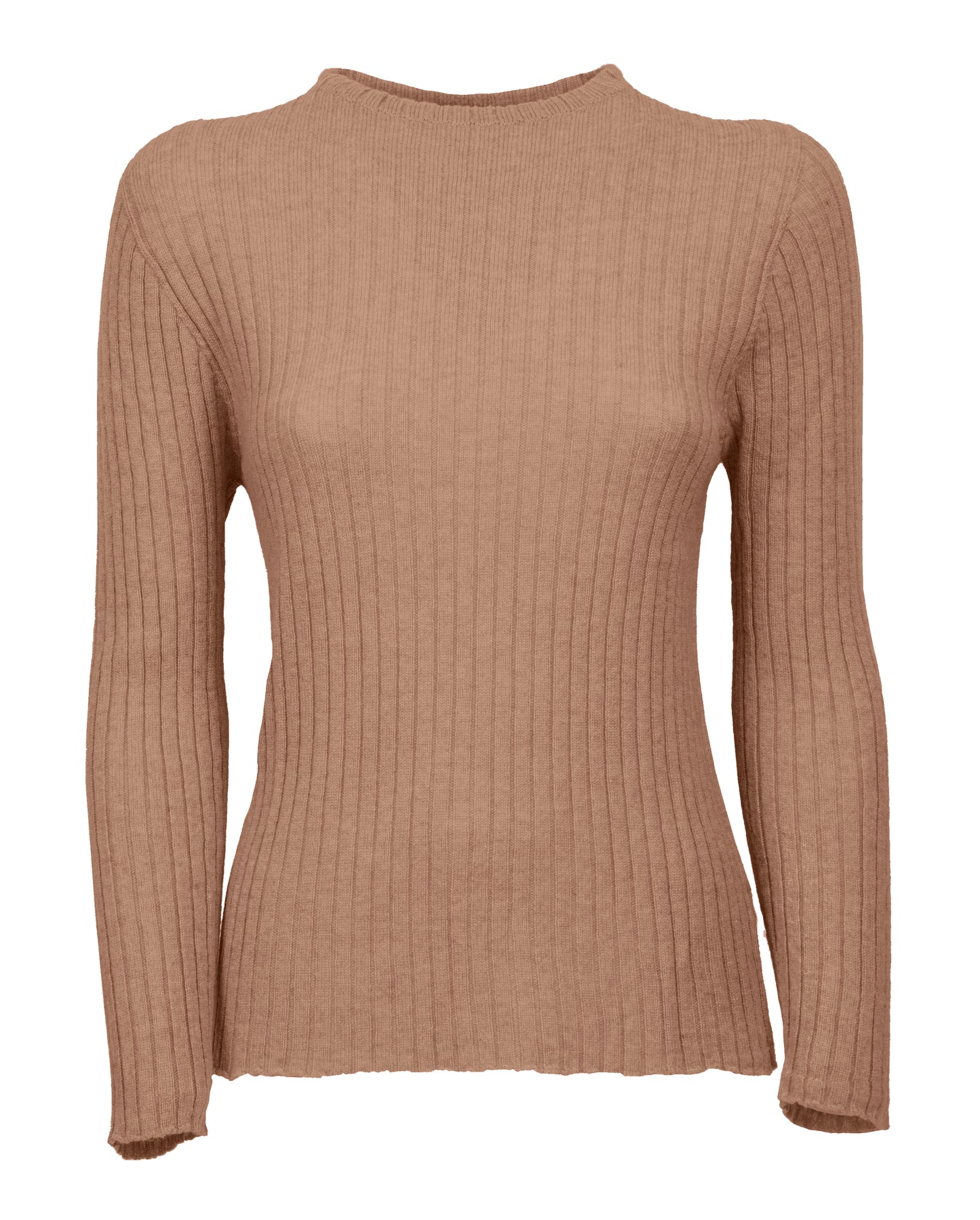 Womens Crew Neck Sweater Ribbed Knit Cashmere Camel Made In Italy 1