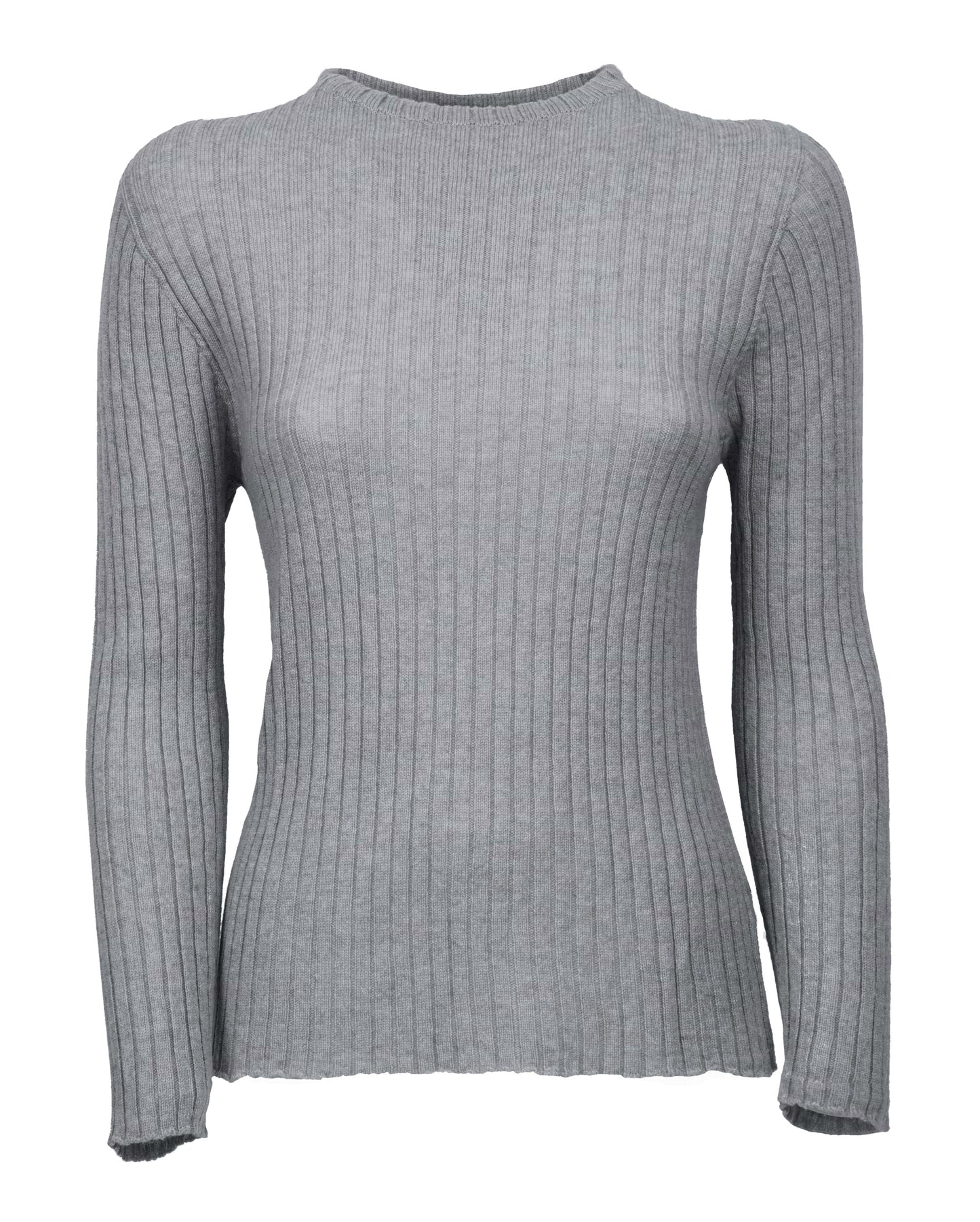 Womens Crew Neck Sweater Ribbed Knit Cashmere Melange Gray Made In Italy 1