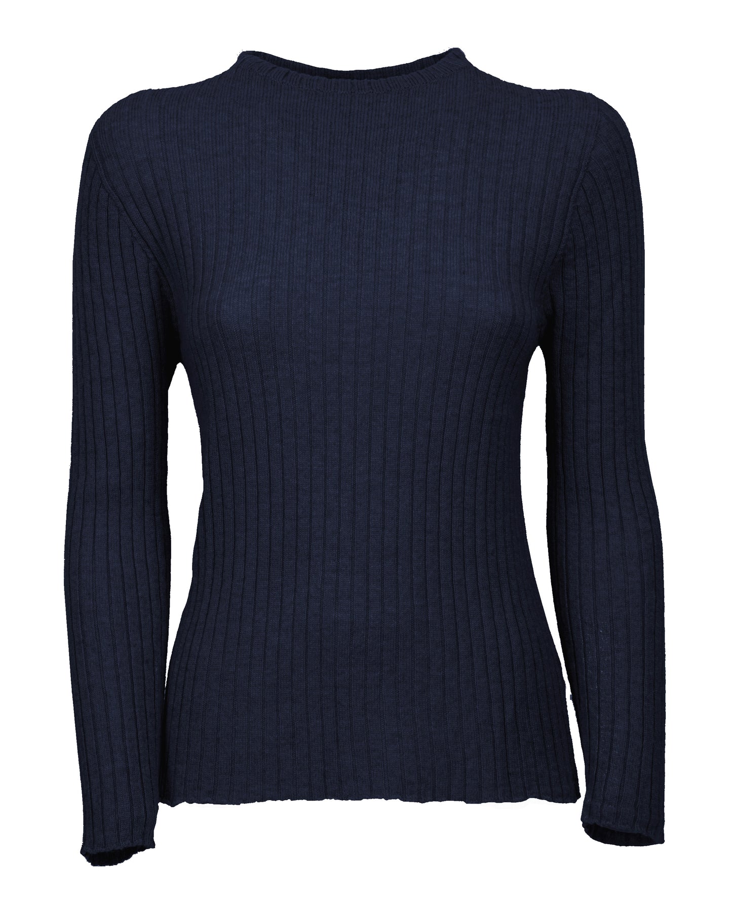 Womens Crew Neck Sweater Ribbed Knit Cashmere Night Blue Made In Italy 1