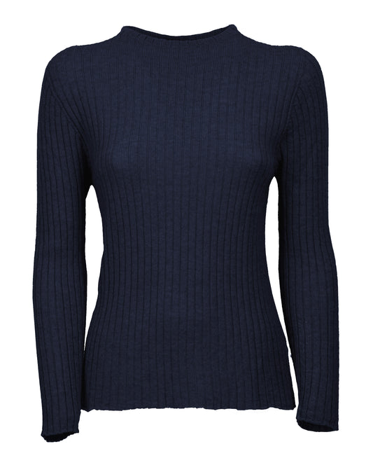 Womens Crew Neck Sweater Ribbed Knit Cashmere Night Blue Made In Italy 1