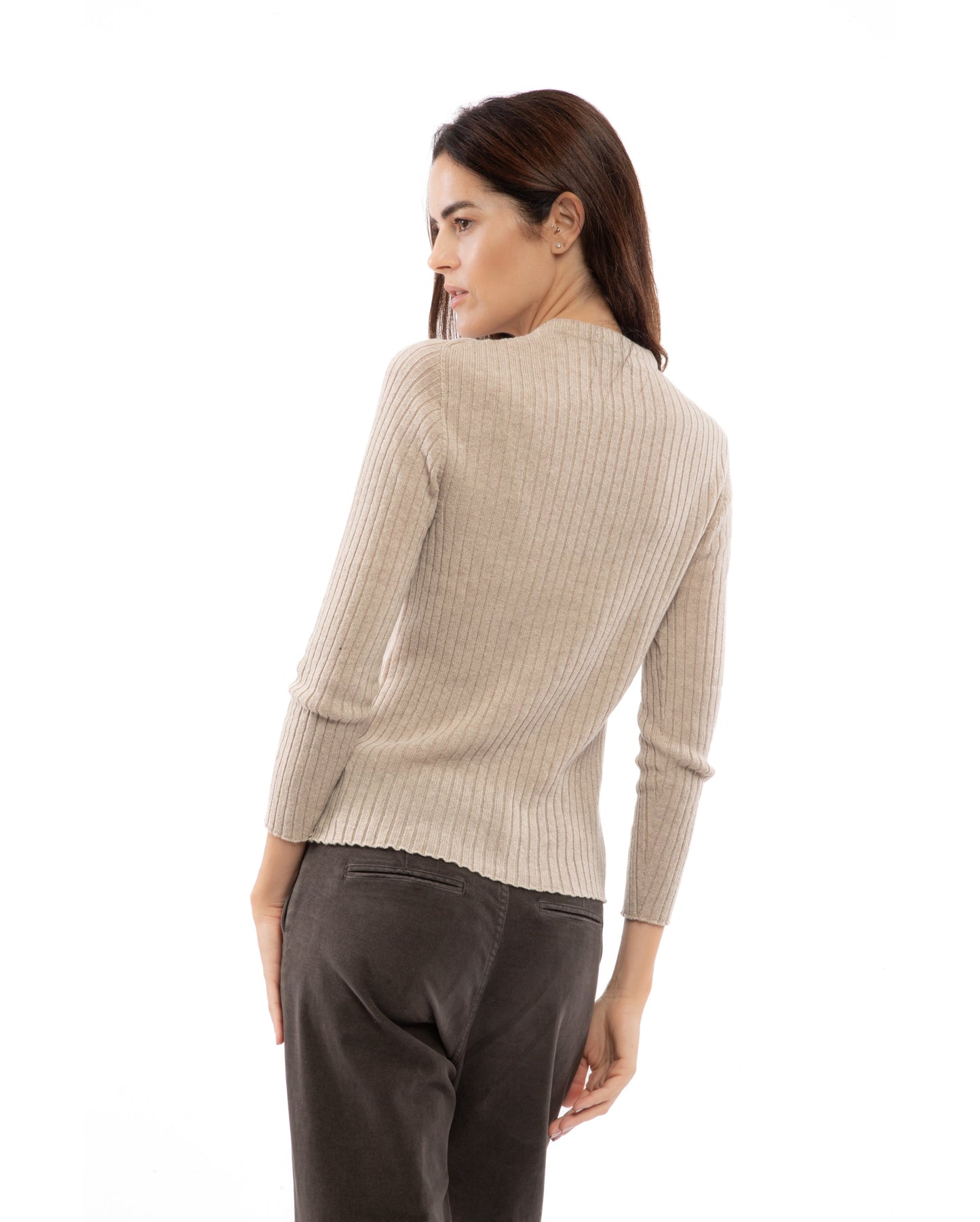 Womens Crew Neck Sweater Ribbed Knit Cashmere Beige Made In Italy 7
