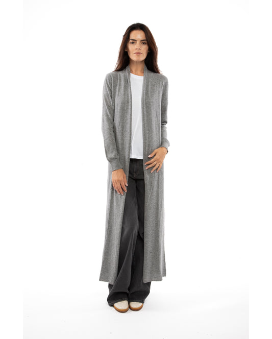 Womens Fine Cashmere Full Length Duster Cardigan Melange Gray Made In Italy 1