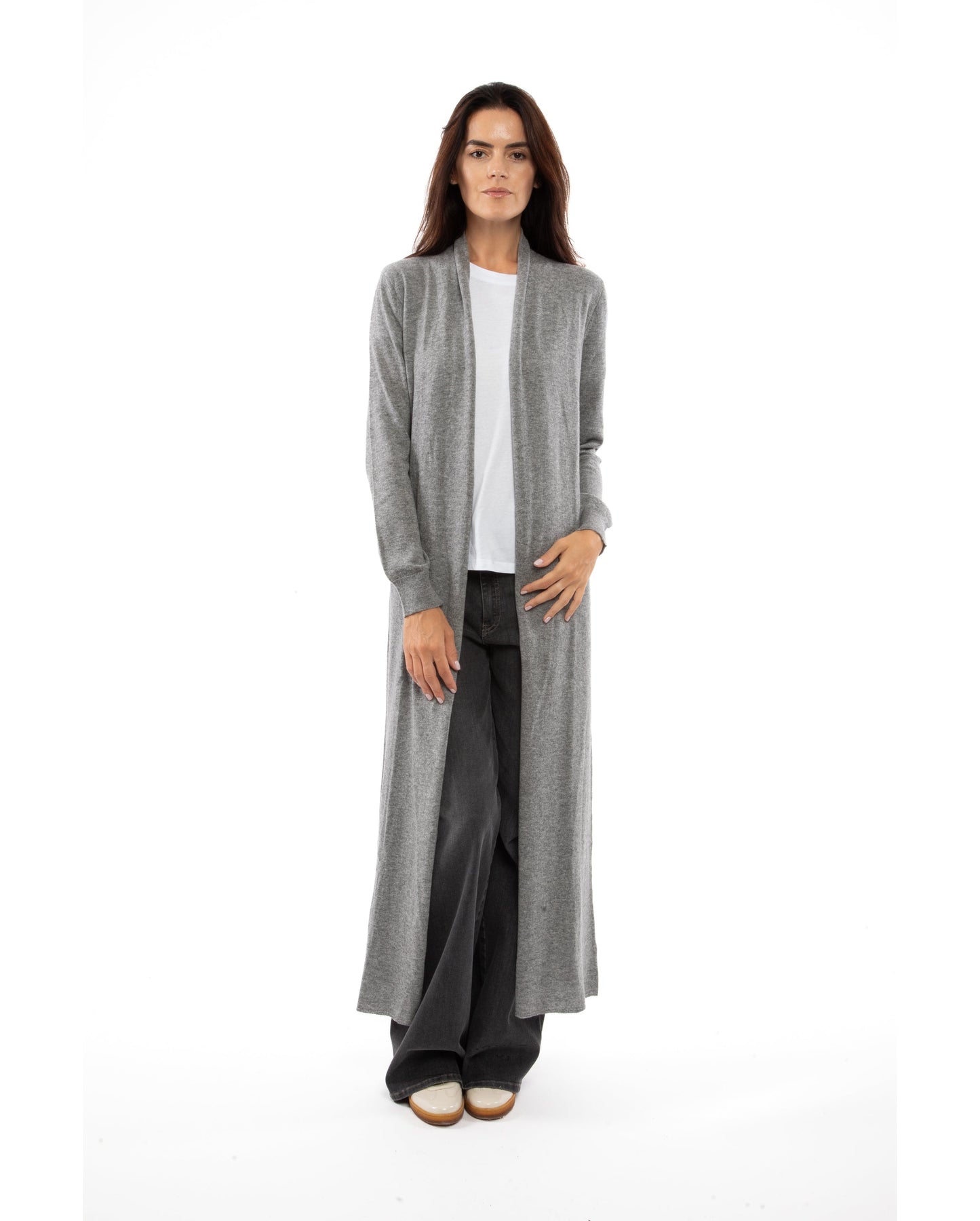 Womens Fine Cashmere Full Length Duster Cardigan Melange Gray Made In Italy 3