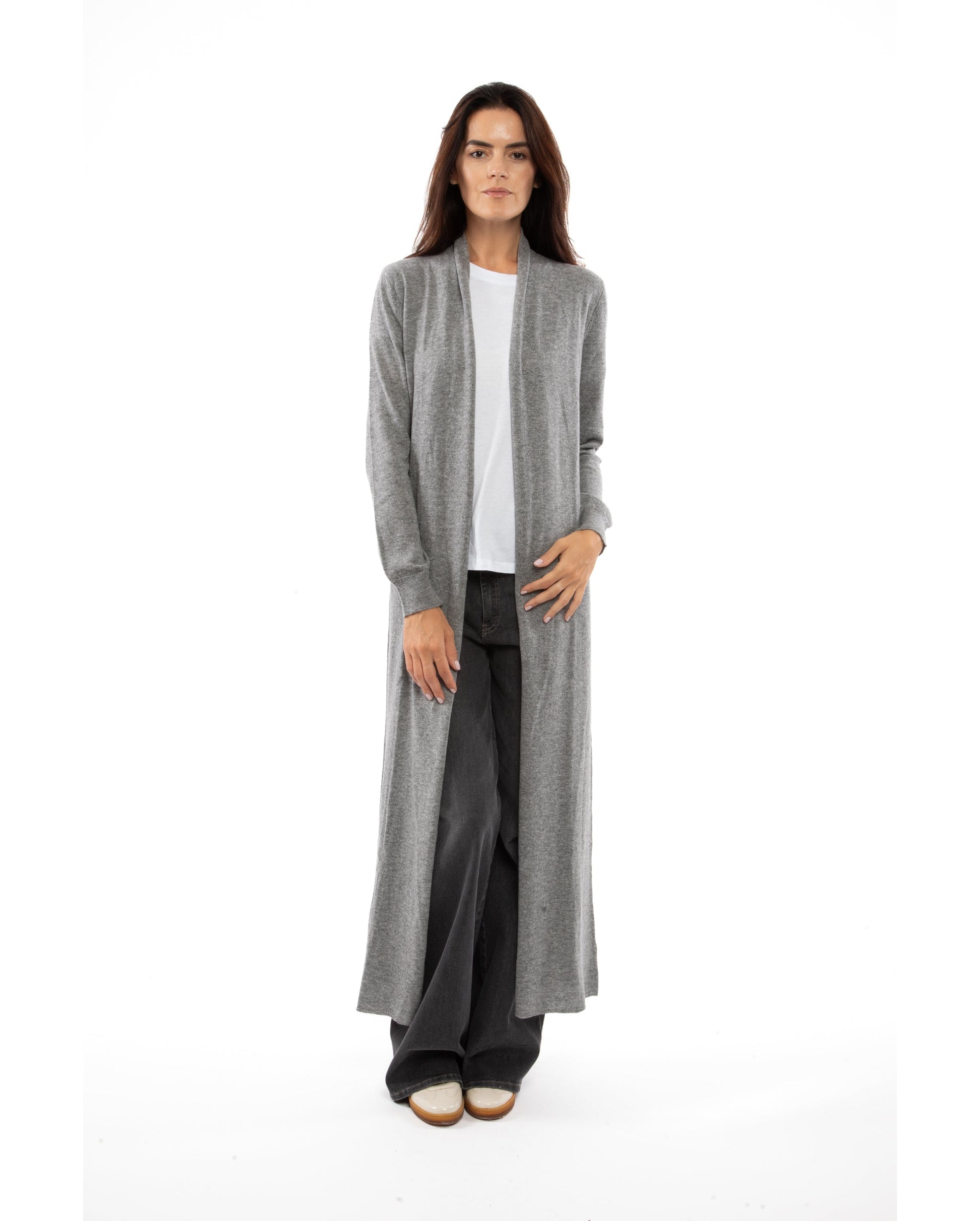 Womens Fine Cashmere Full Length Duster Cardigan Melange Gray Made In Italy 3