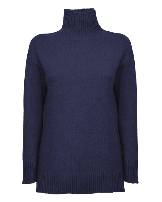 womens funnel neck turtleneck sweater cashmere lambswool blend Blue Made In Italy 1