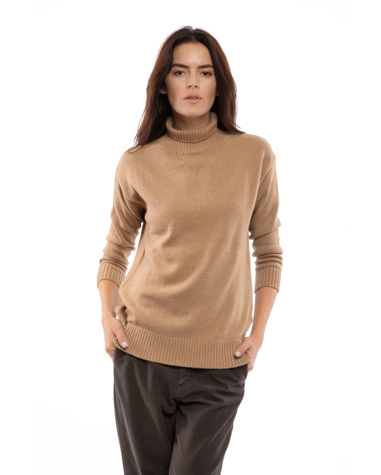 womens funnel neck turtleneck sweater cashmere lambswool blend Camel Made In Italy 3
