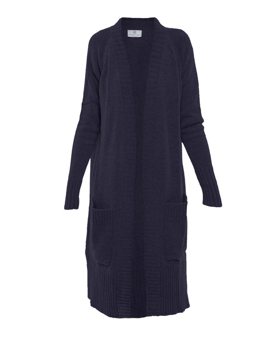 womens long knit cardigan coat cashmere lambswool blend Night Blue Made In Italy 1