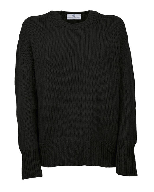 womens maxi sweater crew neck cashmere lambswool blend Black Made In Italy 1