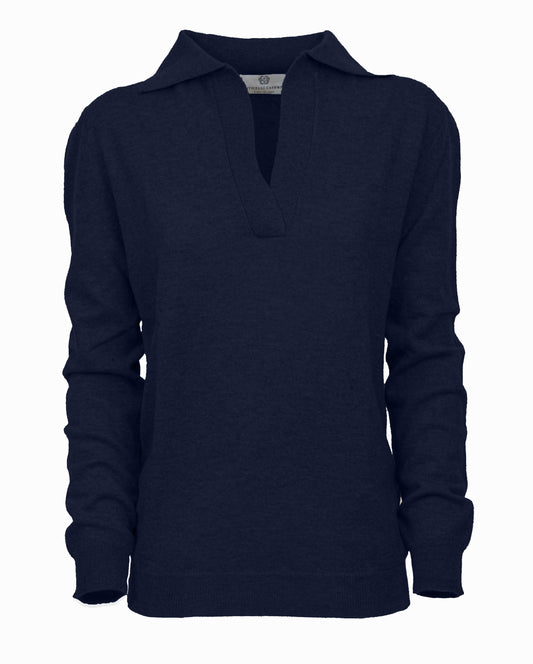 Womens Pure Cashmere Polo Sweater Night Blue Made In Italy 1