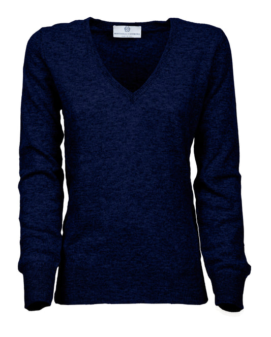 Womens V Neck Sweater Cashmere Melange Blue Made In Italy 1