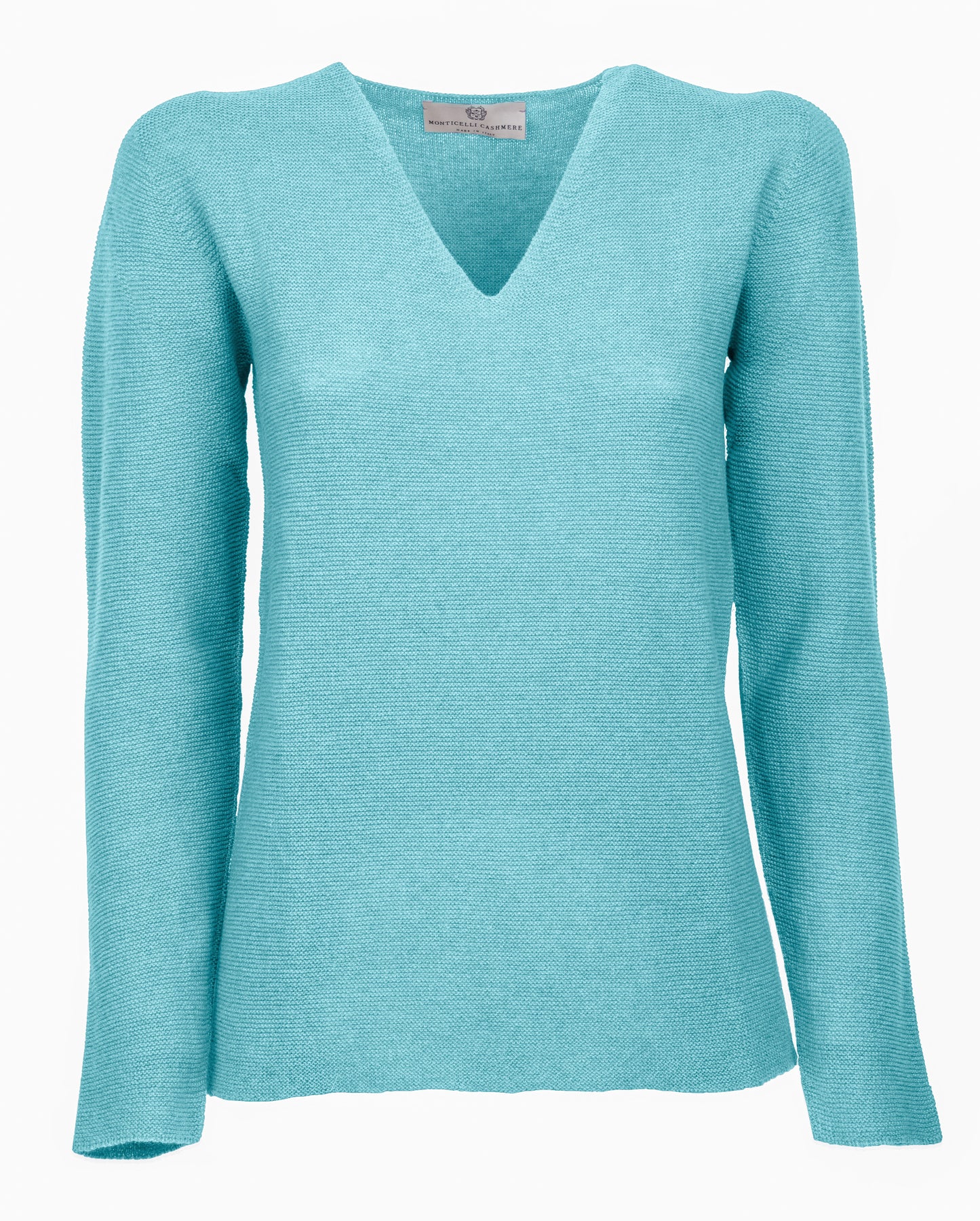 Womens V Neck Sweater Cashmere Links Stitch Cyan Made In Italy 1