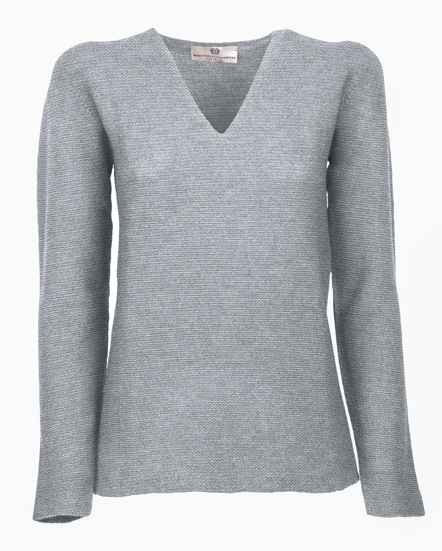 Womens V Neck Sweater Cashmere Links Stitch Melange Gray Made In Italy 1