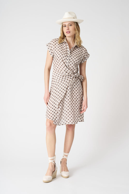Women's Linen Geometric Dress with Draped Knot – Washed Cioccolato, view 1