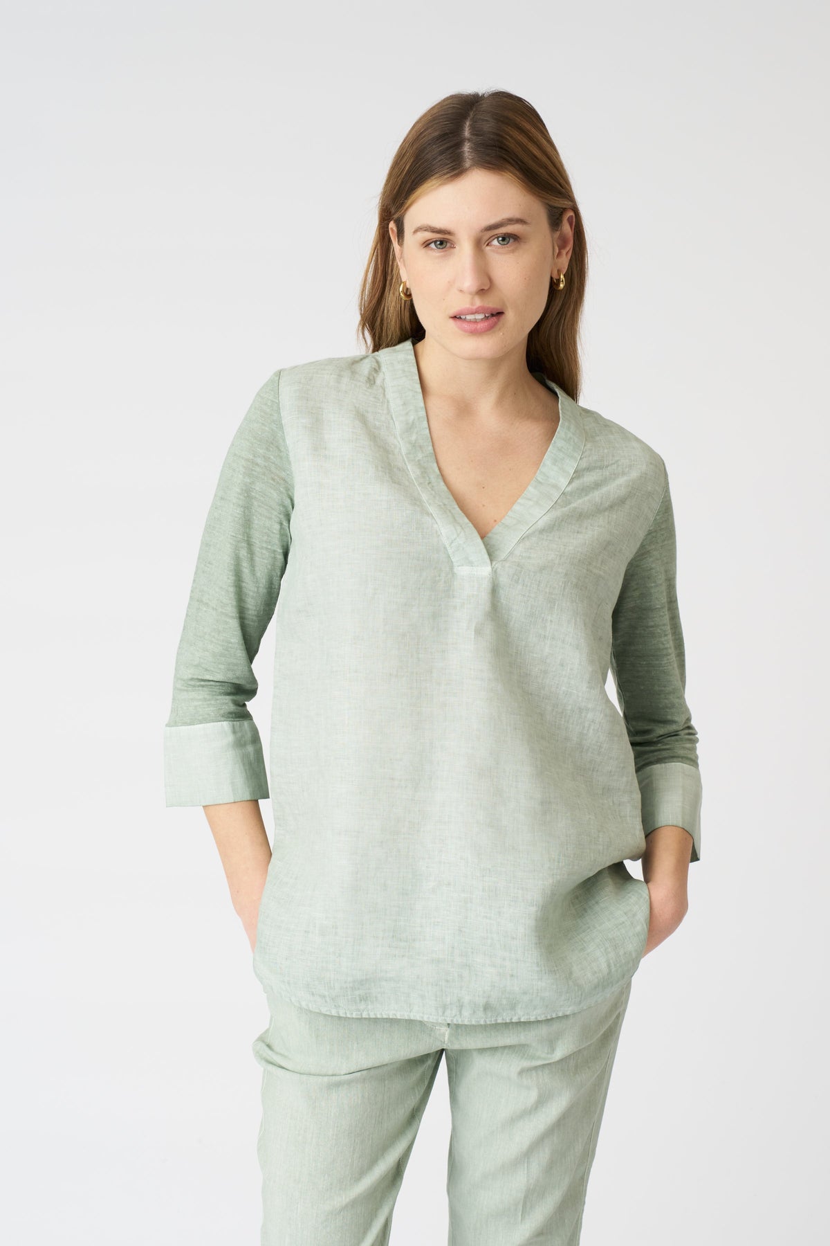 Women's Linen Relaxed V-Neck Blouse – Pistache Soft Fade, view 1