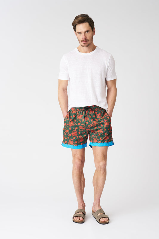 Men's Linen Painted Flower with Contrast Stripe Swim Trunks – Print + Scuba, view 1