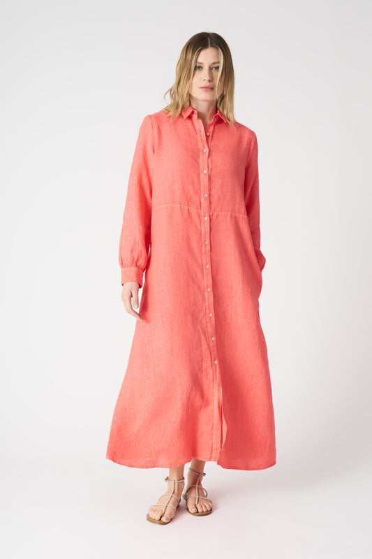 Women's Linen Long Shirt Dress – Coral Soft Fade, view 1