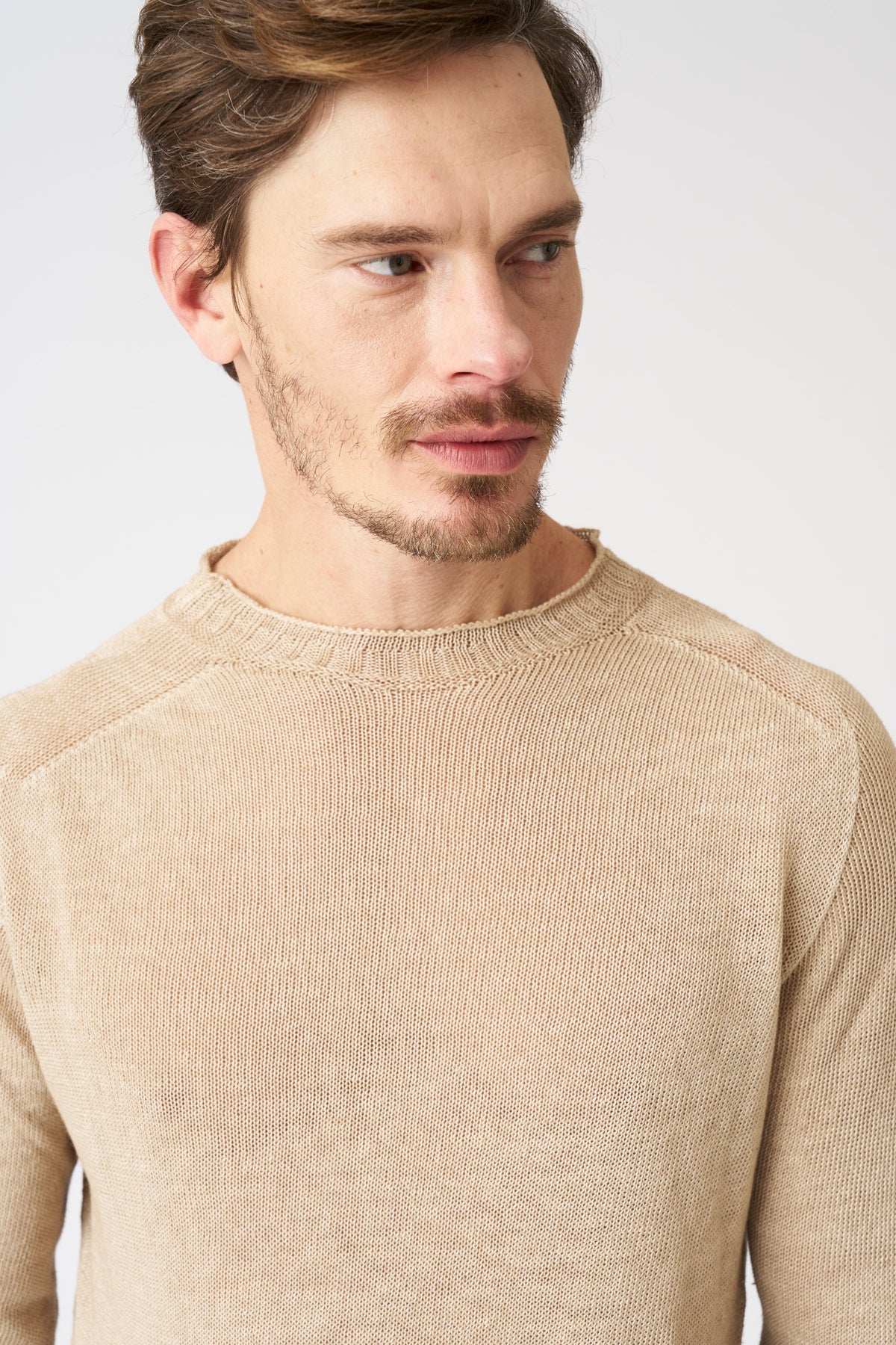 Men's Linen Crewneck Sweater – Beige Soft Fade, view 2