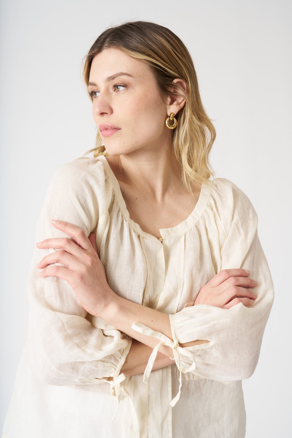 Women's Linen Blouse with Applied Pockets – Ecru, view 2