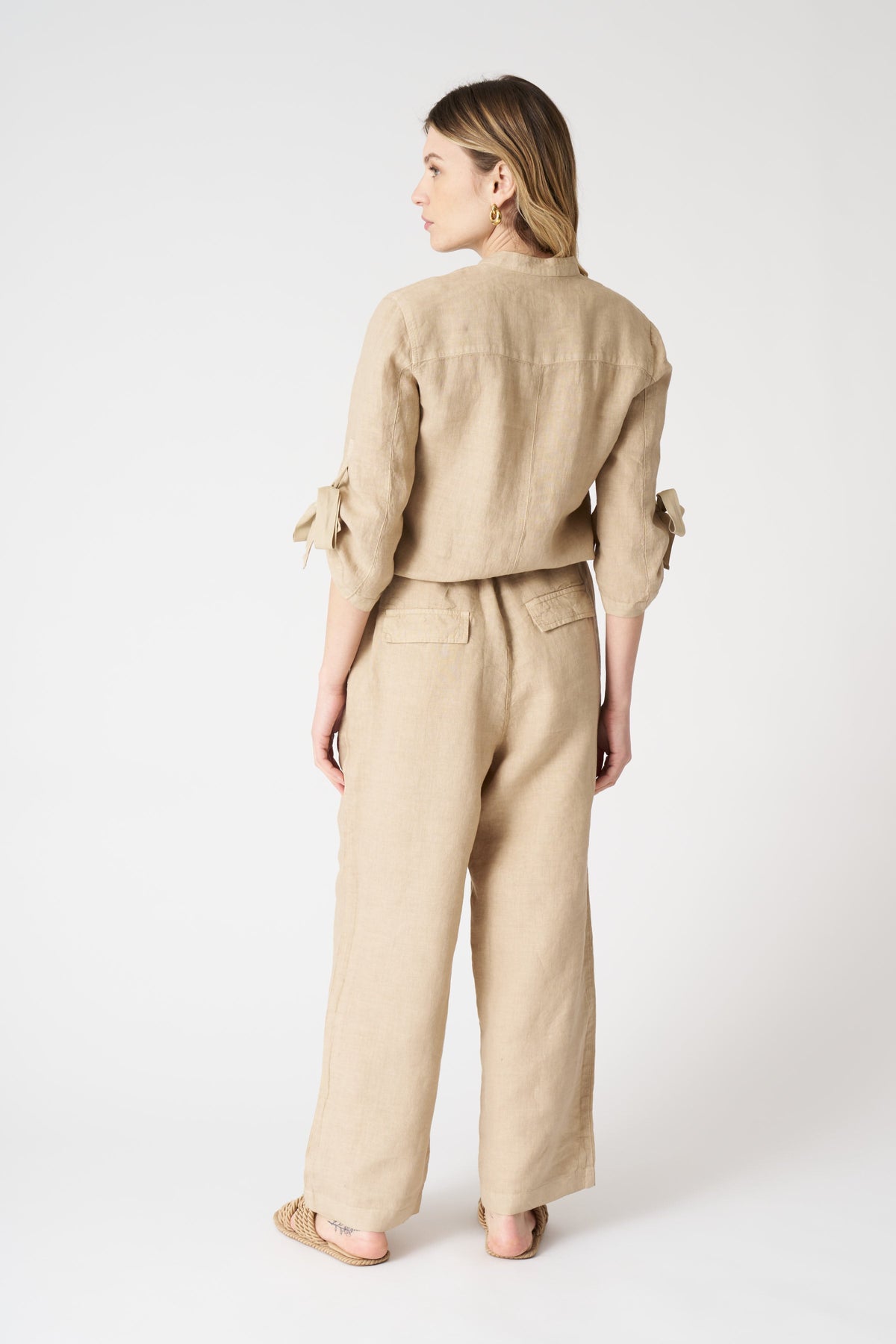 Women's Linen Jumpsuit with Tied Sleeves – Almond, view 3