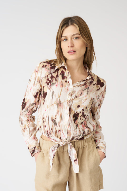 Women's Linen Japanese Flower Tie-Front Shirt – Washed-Pink Print, view 1