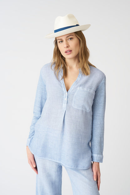 Women's Linen Blouse with Side Slits – Sea Soft Fade, view 1