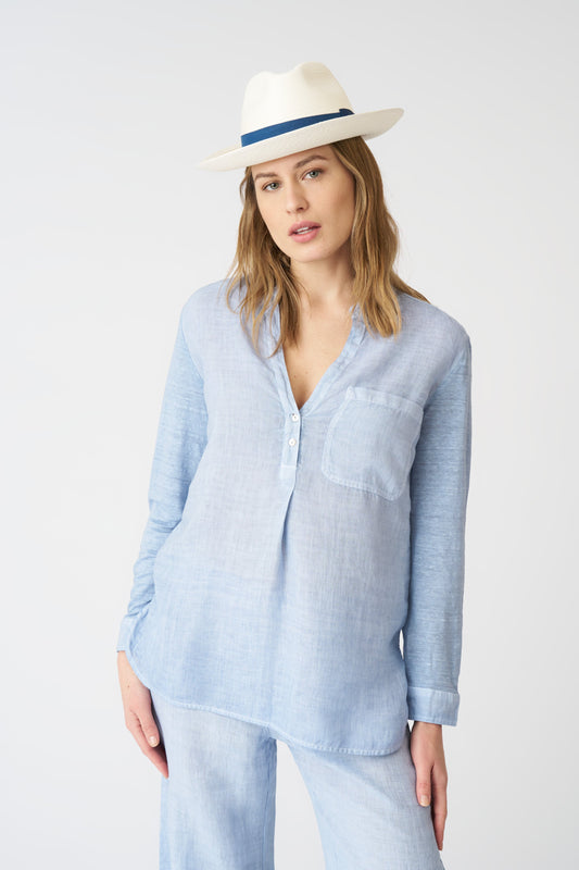Women's Linen Blouse with Side Slits – Sea Soft Fade, view 1