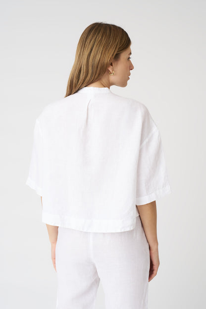 Women's Linen Mandarin Collar Cropped Shirt – White, view 4
