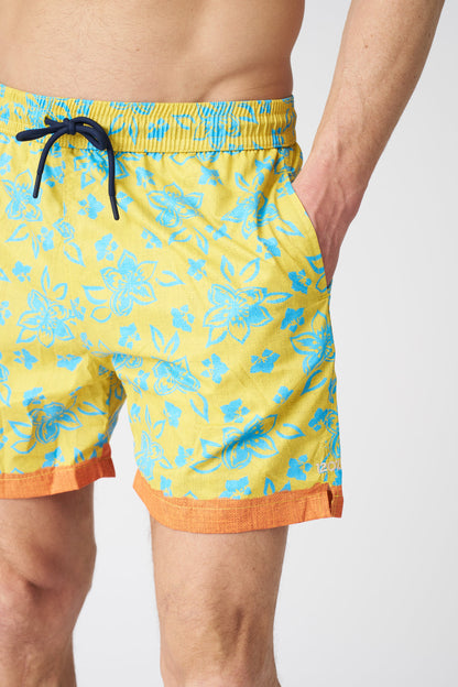 Men's Linen Painted Flower with Contrast Stripe Swim Trunks – Print + Ocra, view 2