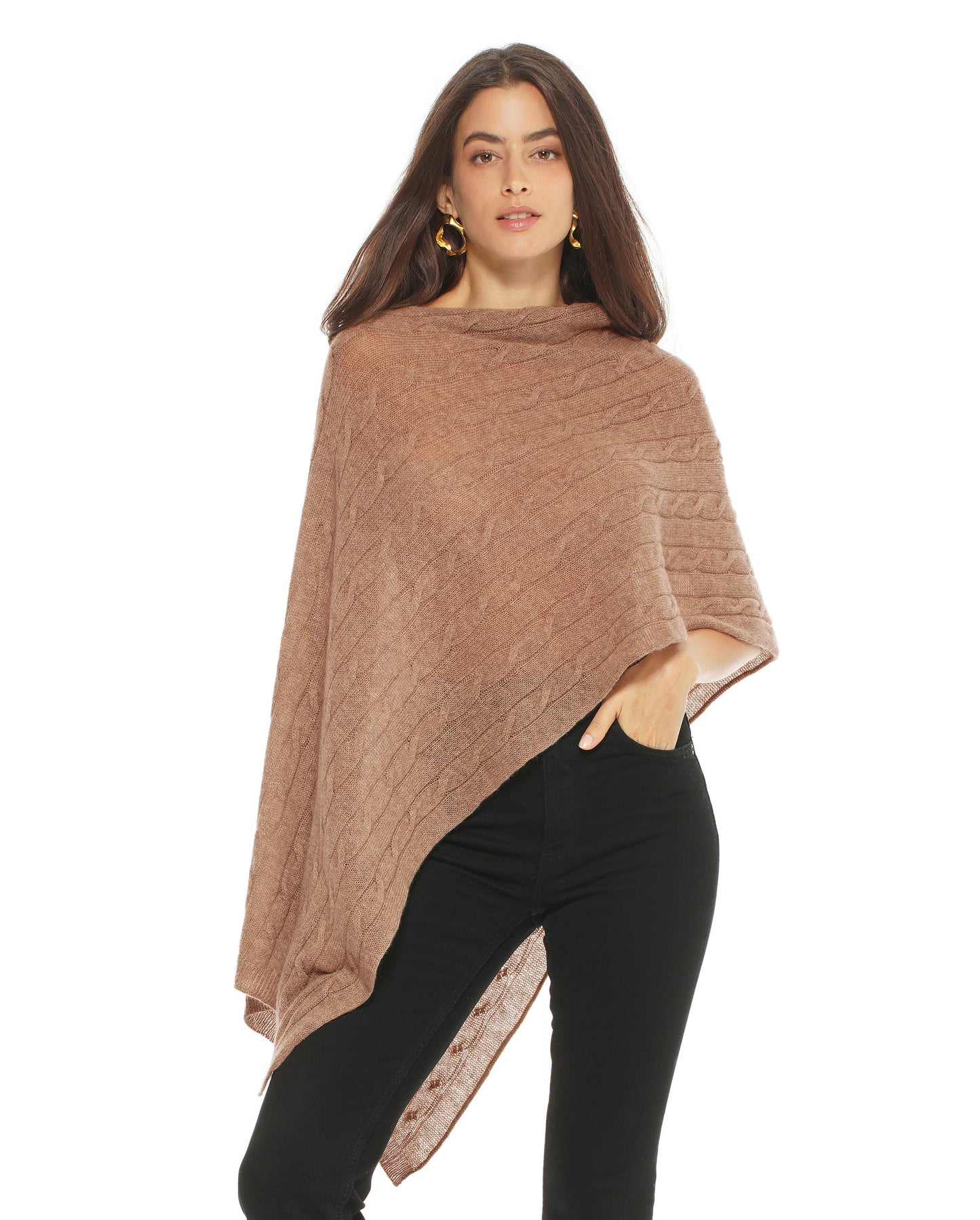 Women's Pure Cashmere Cable Knit Poncho Camel