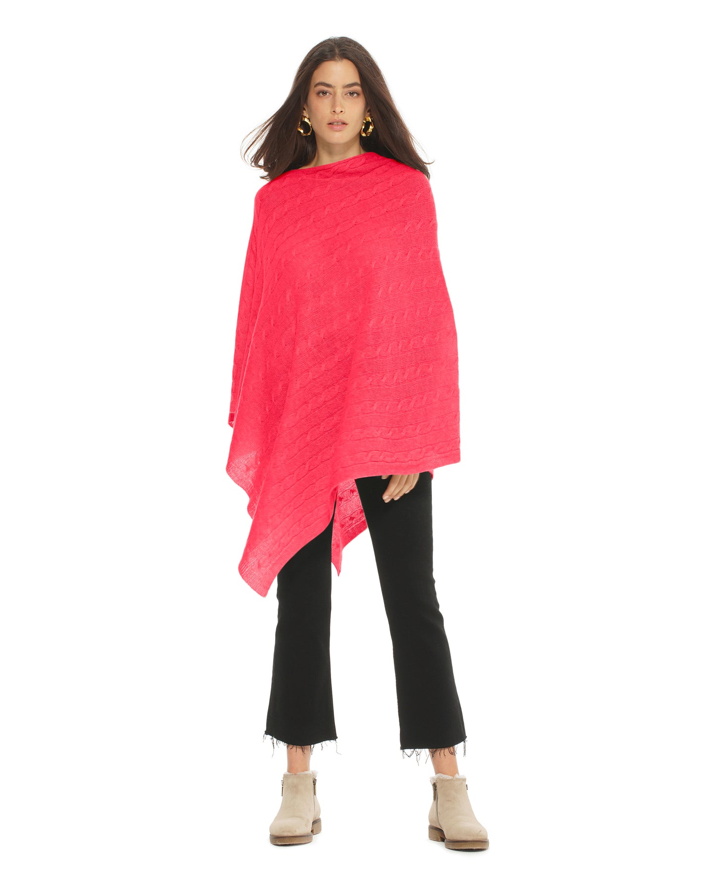 Women's Pure Cashmere Cable Knit Poncho Coral Red
