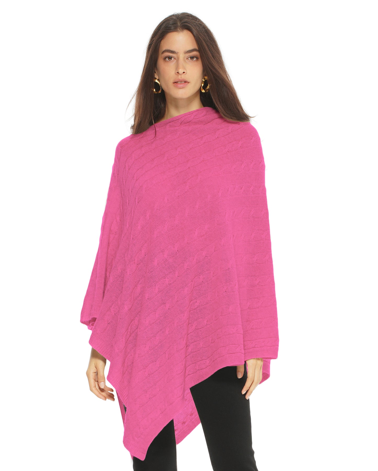 Women's Pure Cashmere Cable Knit Poncho Fuchsia