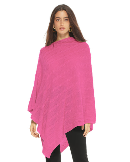 Women's Pure Cashmere Cable Knit Poncho Fuchsia