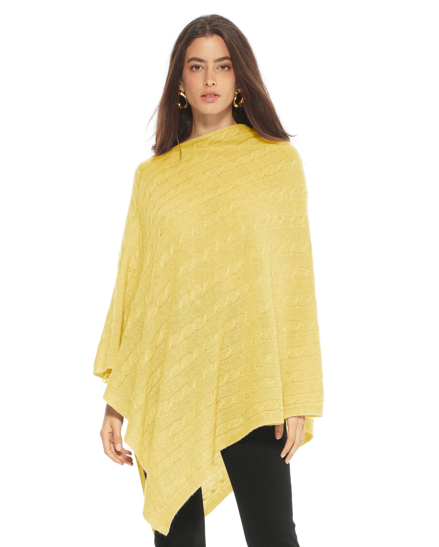 Women's Pure Cashmere Cable Knit Poncho Lemon Yellow