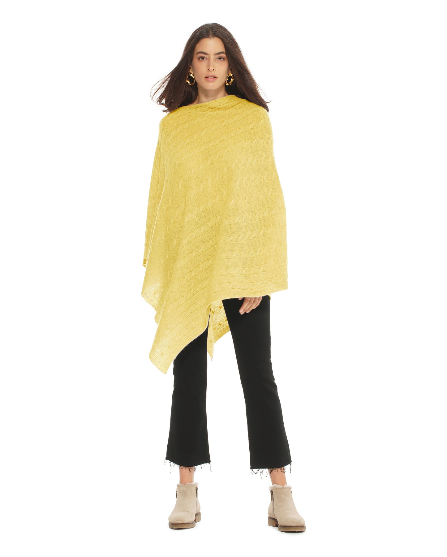 Women's Pure Cashmere Cable Knit Poncho Lemon Yellow