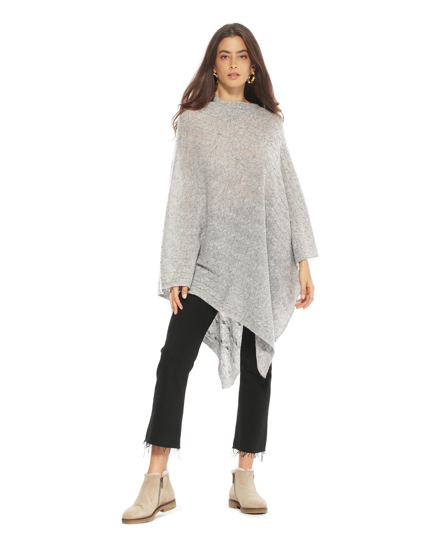 Women's Pure Cashmere Cable Knit Poncho Light Gray